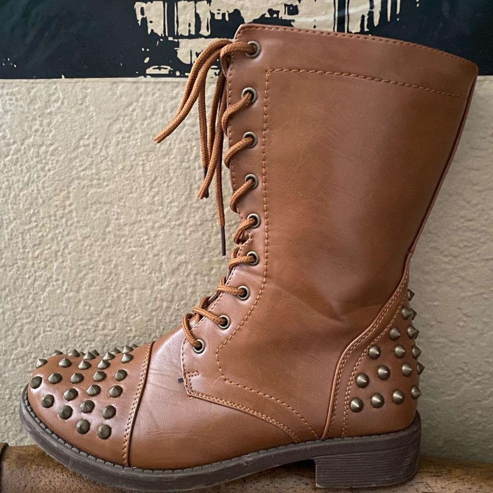 Studded Cognac Combat Boots
